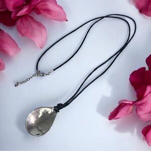 Long Necklace Silver Tone Large Teardrop Pendant Black Cord 34"